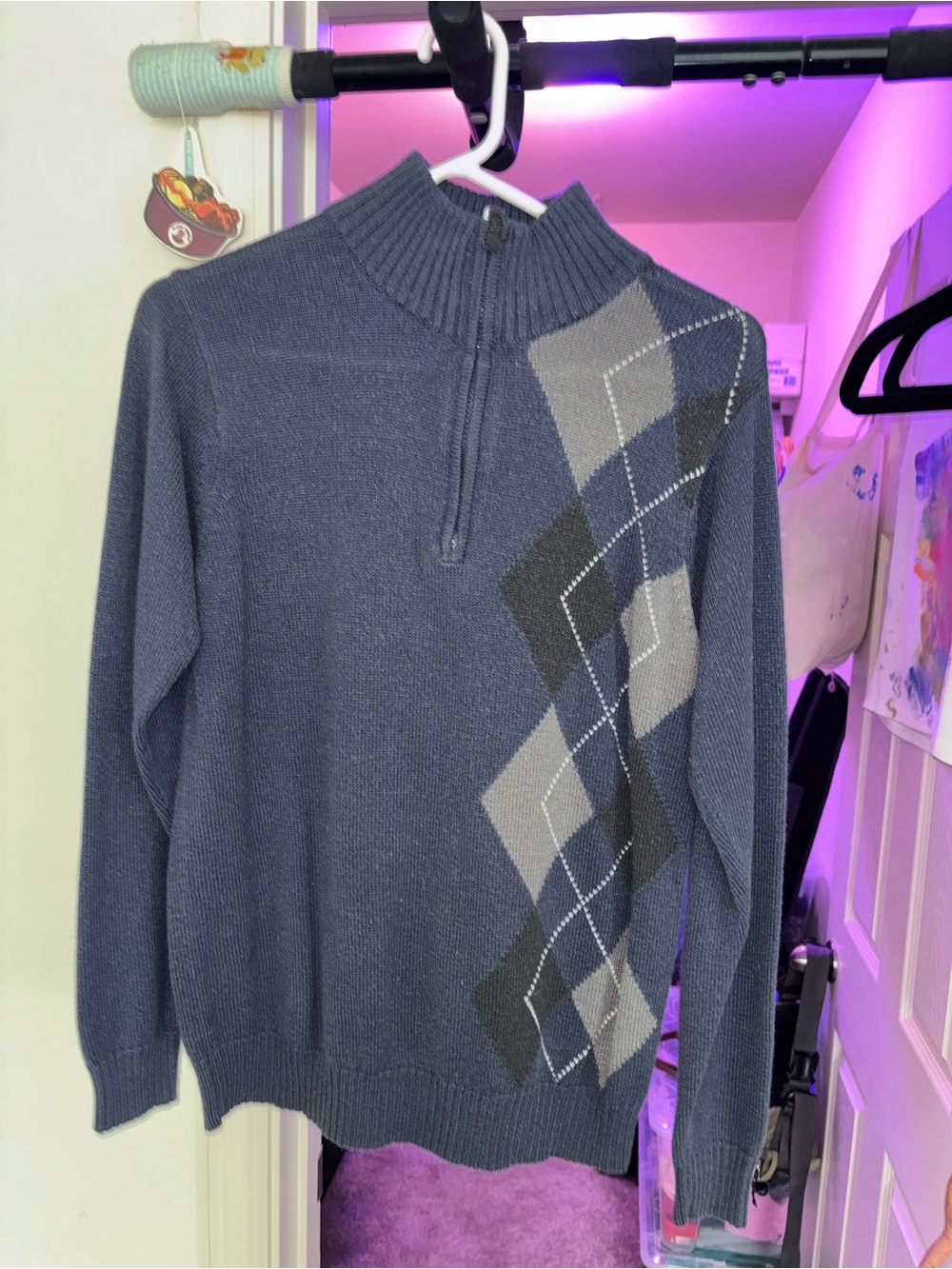 Oscar de la Renta Navy Argyle Quarter-Zip Mock Neck Sweater